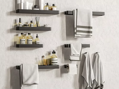 Bathroom Accessories With Black Shelves Towels And Toiletries On Gray Wall 3d model