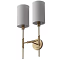 Modern Brass Wall Sconce with Two White Fabric Shades and Adjustable Metal Bracket Design