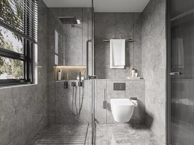Modern Bathroom With Gray Tiles Glass Shower Toilet And Window 3d model