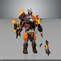 Muscular White Haired Bearded Warrior With Flaming Armor And Small Flaming Creature Companion