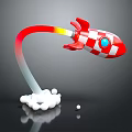 Red and White Checkered Rocket With Jet Flame And White Smoke On Black Background