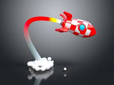 Red and White Checkered Rocket With Jet Flame And White Smoke On Black Background 3d model