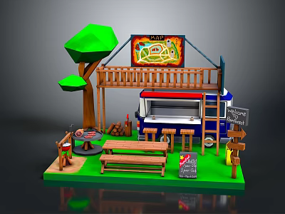 Cartoon Outdoor Food Stall Setup With Wooden Canopy Food Truck Bench Tree And Grill 3d model