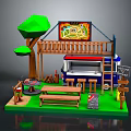 Cartoon Outdoor Food Stall Setup With Wooden Canopy Food Truck Bench Tree And Grill
