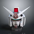 Robot Character Head with Mechanical Design White Body Red Top Pointed Horns and Green Eyes
