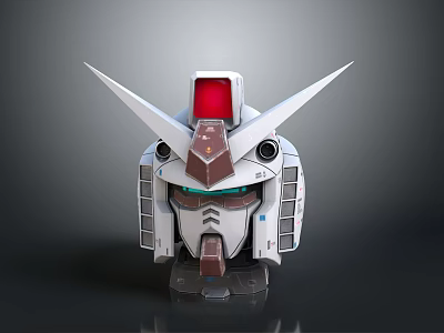 Robot Character Head with Mechanical Design White Body Red Top Pointed Horns and Green Eyes 3d model