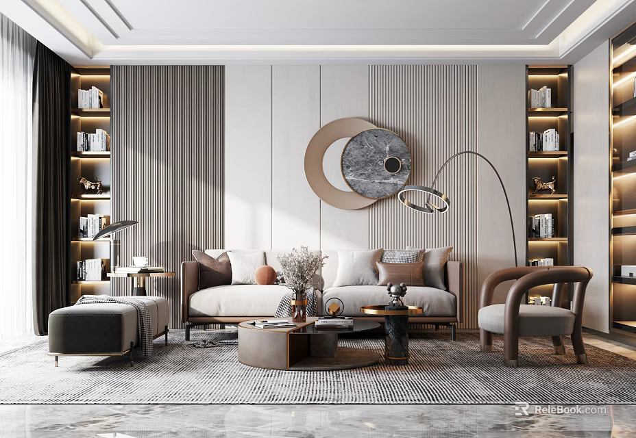 Modern Living Room Interior With Comfortable Sofa Coffee Table Circular Wall Decor And Floor Lamp 3d model