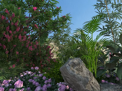 Lush Garden Landscape With Colorful Pink Flowers Green Palms And Natural Rocks 3d model
