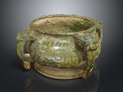 Ancient Bronze Ritual Vessel With Beast Head Handles Spiral Patterns And Three Legs 3d model