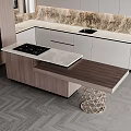 Modern Kitchen Featuring Wooden And Gray Cabinets Marble Countertop Island And Range Hood