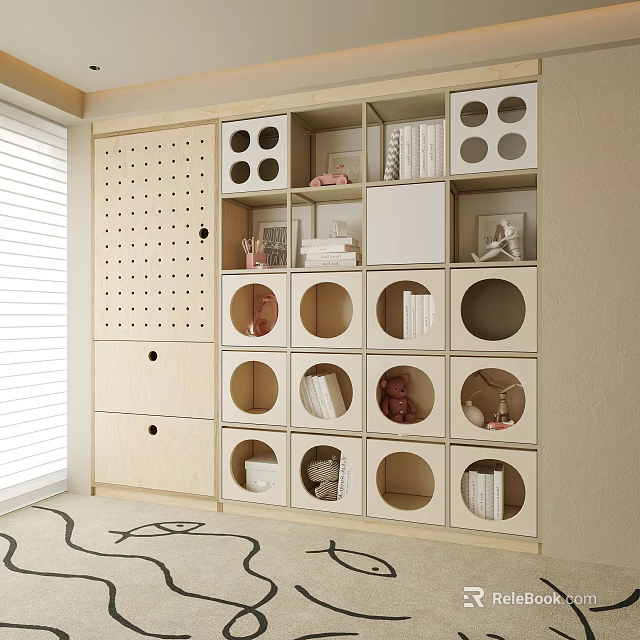 Modern Wooden Bookshelf With Geometric Open Cubbies Books And Decorative Items 3d model 