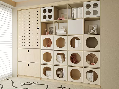 Modern Wooden Bookshelf With Geometric Open Cubbies Books And Decorative Items 3d model