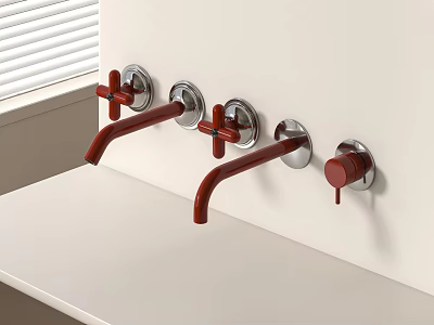 Modern Wall Mounted Faucets With Red Handles On White Bathroom Countertop Surface 3d model
