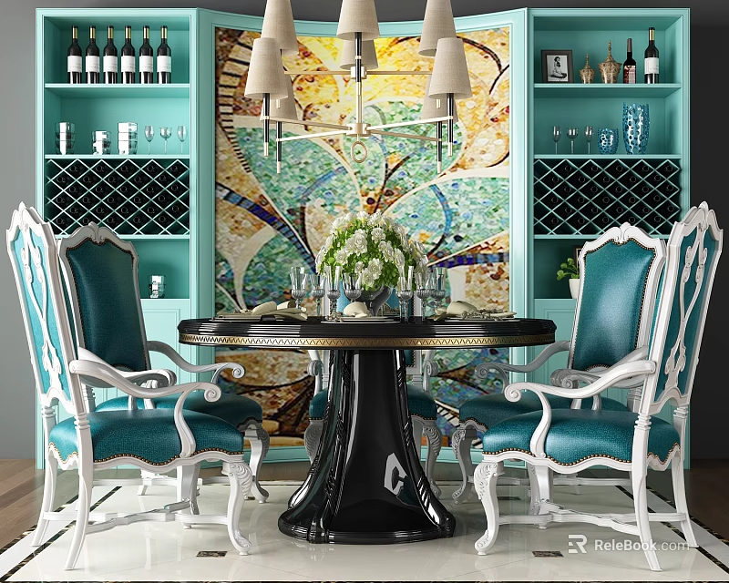 Luxurious Dining Table Set With Turquoise Cushioned Chairs White Frames Mosaic Wall And Chandelier 3d model 