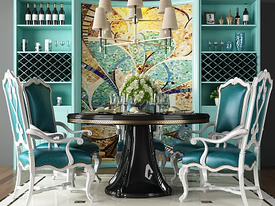 Luxurious Dining Table Set With Turquoise Cushioned Chairs White Frames Mosaic Wall And Chandelier 3d model