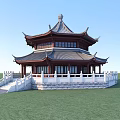 Traditional Chinese Ancient Pavilion With Curved Eaves Tile Roof Stone Steps And Grassland