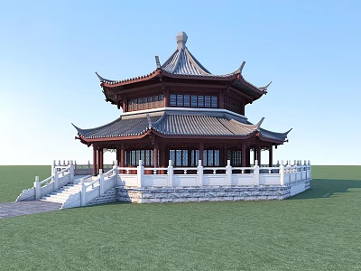 Traditional Chinese Ancient Pavilion With Curved Eaves Tile Roof Stone Steps And Grassland 3d model