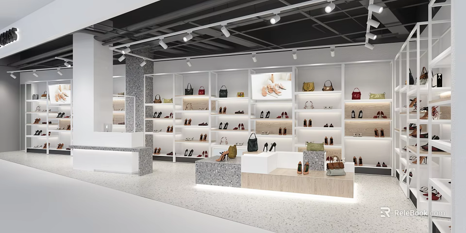 Modern Shoe And Bag Boutique With White Shelves Display Counter And Spotlights 3d model 