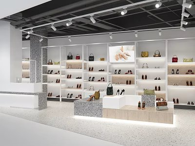 Modern Shoe And Bag Boutique With White Shelves Display Counter And Spotlights 3d model