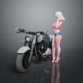 White Cruiser Motorcycle With Pink Haired Woman In Blue Shorts Standing