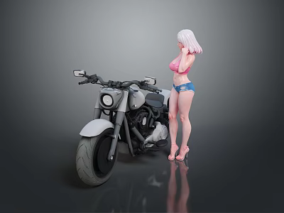 White Cruiser Motorcycle With Pink Haired Woman In Blue Shorts Standing 3d model