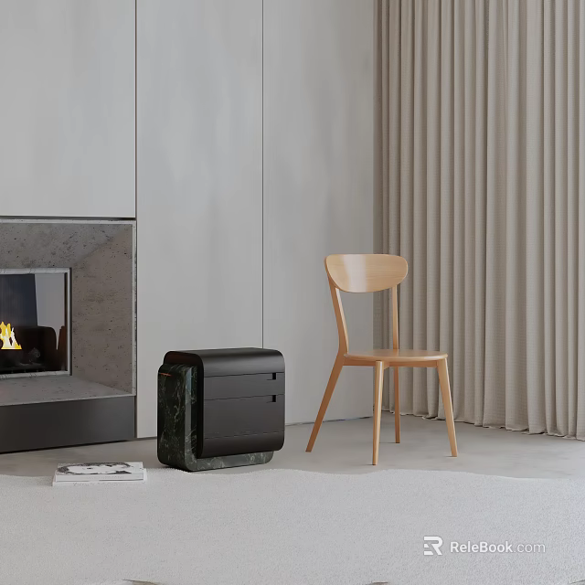 Modern Leisure Chair In Interior With Wooden Frame Fireplace Black Cabinet And Curtains 3d model 