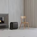 Modern Leisure Chair In Interior With Wooden Frame Fireplace Black Cabinet And Curtains