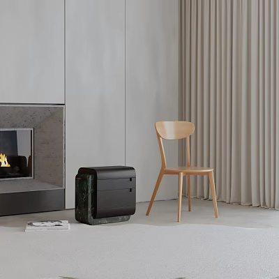Modern Leisure Chair In Interior With Wooden Frame Fireplace Black Cabinet And Curtains 3d model