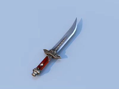 Decorative Knife With Curved Blade Red Handle And Ornate Metal Design 3d model
