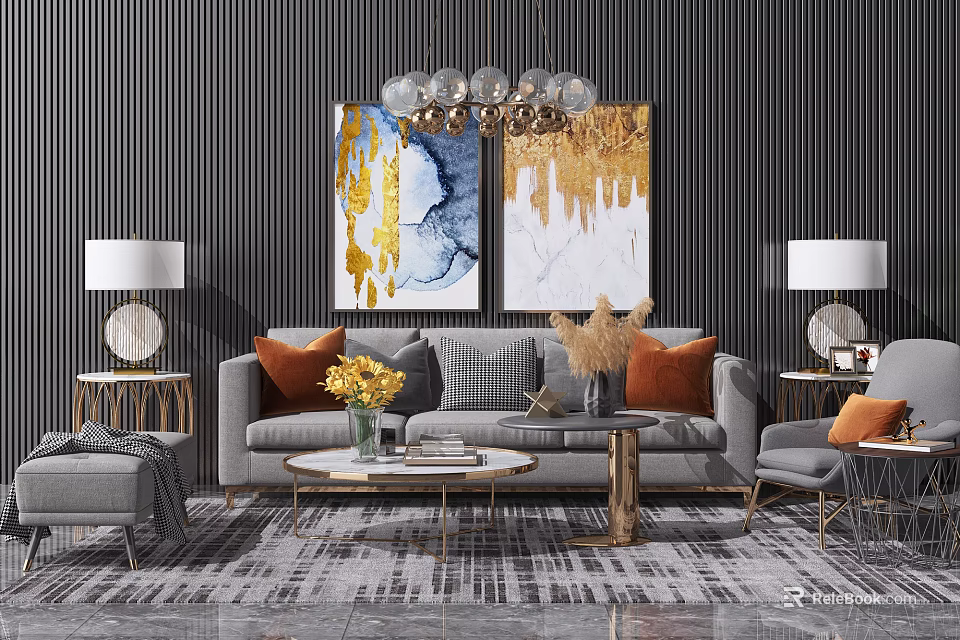 Modern Sofa Coffee Table Set With Gray Sofa Round Metal Table And Abstract Wall Art 3d model
