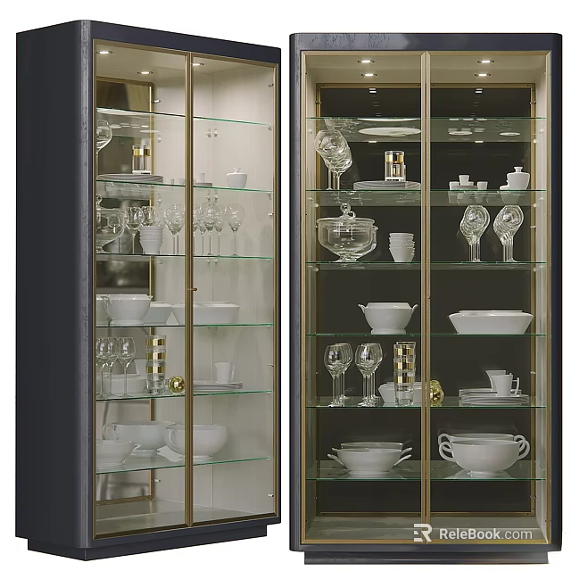 Stylish Display Cabinet With Glass Doors Holding Plates Bowls And Glasses 3d model 