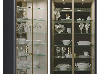 Stylish Display Cabinet With Glass Doors Holding Plates Bowls And Glasses 3d model