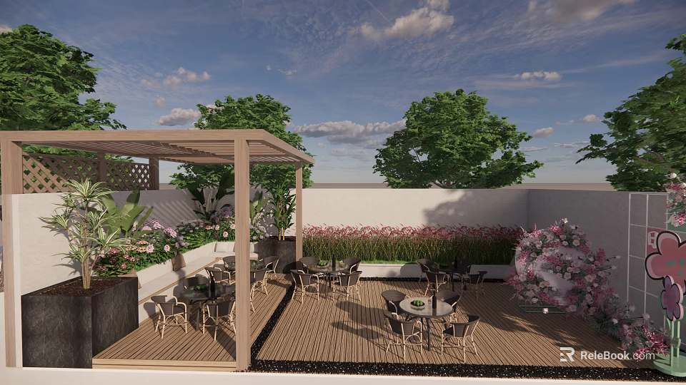 Courtyard Garden Design with Wooden Deck Tables Chairs Pergola Green Plants and Flowers 3d model 