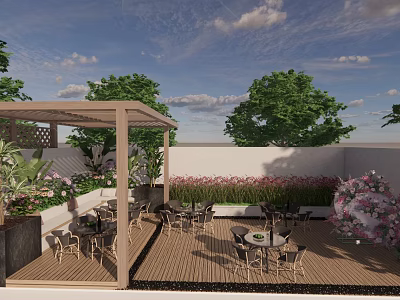 Courtyard Garden Design with Wooden Deck Tables Chairs Pergola Green Plants and Flowers 3d model