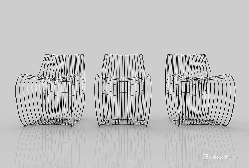 Three Sleek Modern Leisure Chairs With Metal Wire Design In Minimalist Setting 3d model 