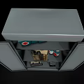 Open Metal Medical Equipment Cabinet with First Aid Kit Instrument Case and Bottles
