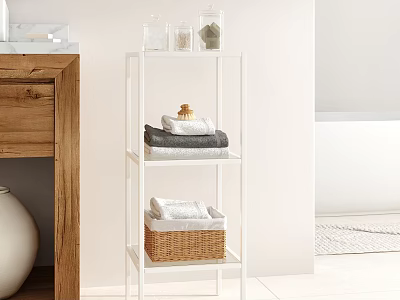 Elegant White Bathroom Cabinet Rack With Folded Towels And Wicker Storage Basket 3d model