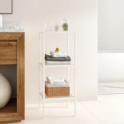 Elegant White Bathroom Cabinet Rack With Folded Towels And Wicker Storage Basket 3d model