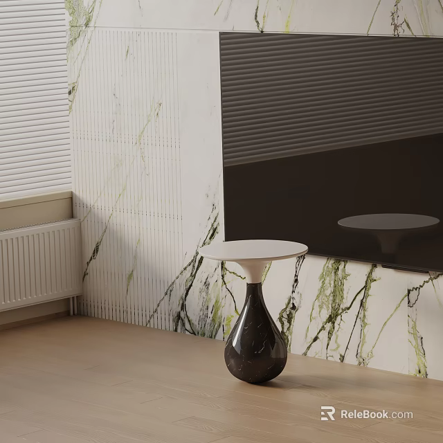 Bedside Table with White Round Top Black Teardrop Vase and Marble Textured Wall Light Floor 3d model 