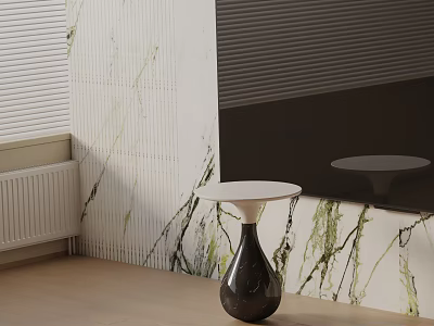 Bedside Table with White Round Top Black Teardrop Vase and Marble Textured Wall Light Floor 3d model