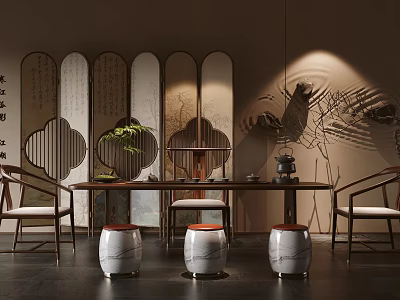 Traditional Tea Room Interior With Wooden Screen Calligraphy Green Plant Tea Table And Warm Lighting 3d model