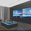 Modern KTV Room Interior With Brown Leather Sofas Large Screen TV And Coffee Table