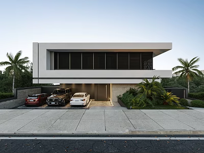 Modern Detached Villa With Garage Parked Cars Palm Trees And Greenery 3d model