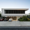Modern Detached Villa With Garage Parked Cars Palm Trees And Greenery