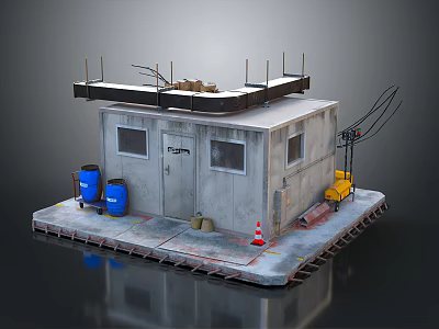 Small Construction Shed With Roof Structure Platform Base Blue Barrels Yellow Tools And Traffic Cone 3d model