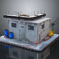 Small Construction Shed With Roof Structure Platform Base Blue Barrels Yellow Tools And Traffic Cone
