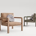 Modern Accent Chairs With Wooden Armrests Brown Gray Upholstered Seats And Checkered Pillows
