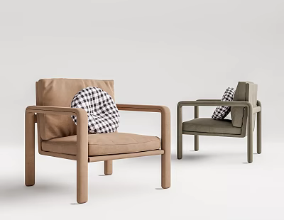 Modern Accent Chairs With Wooden Armrests Brown Gray Upholstered Seats And Checkered Pillows 3d model