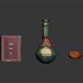 Pink Book Green Potion Bottle And Orange Flower Decoration On Dark Surface