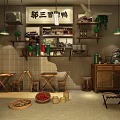 Traditional Chinese Style Restaurant Decorative Ornament Combination With Wooden Furniture Vintage Signs And Green Plants